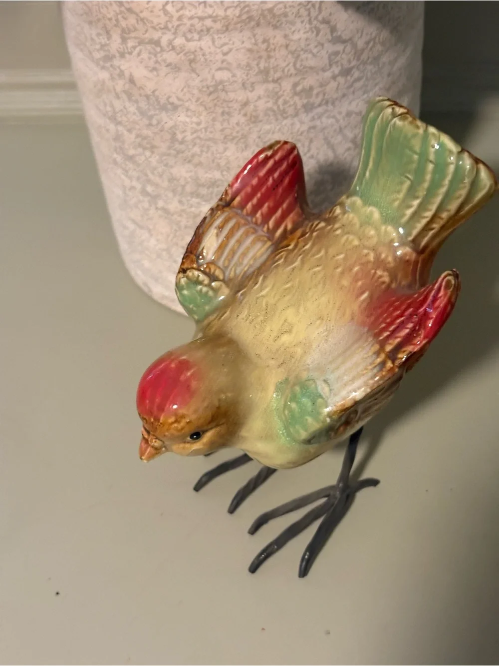 Vintage Glazed Ceramic Bird Figurine With Thin Metal Wire Legs